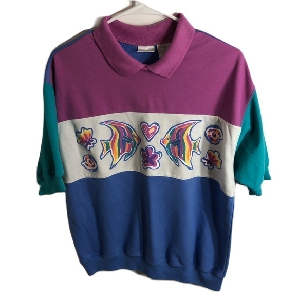 Vintage Tropical Fish Collared Shirt Medium Jantzen 80s 90s Retro Blue Purple - Picture 1 of 7